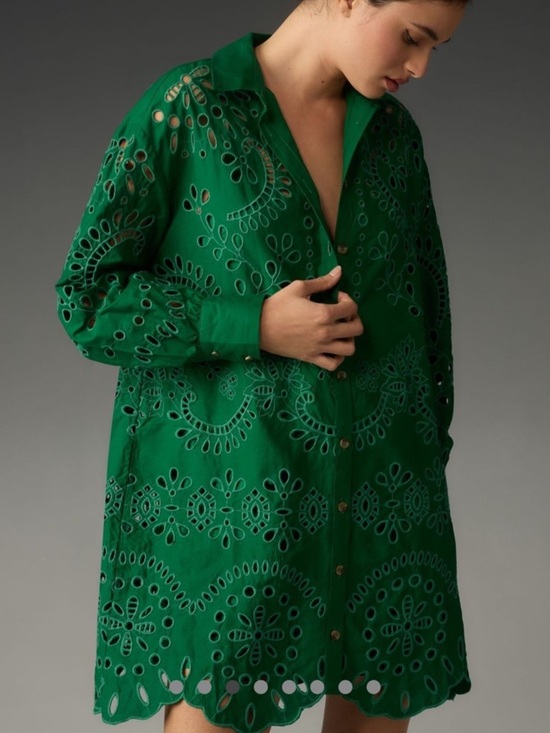 Anthropologie Dresses & Skirts - Anthropologie Emerald Green Eyelet Midi Shirt Dress